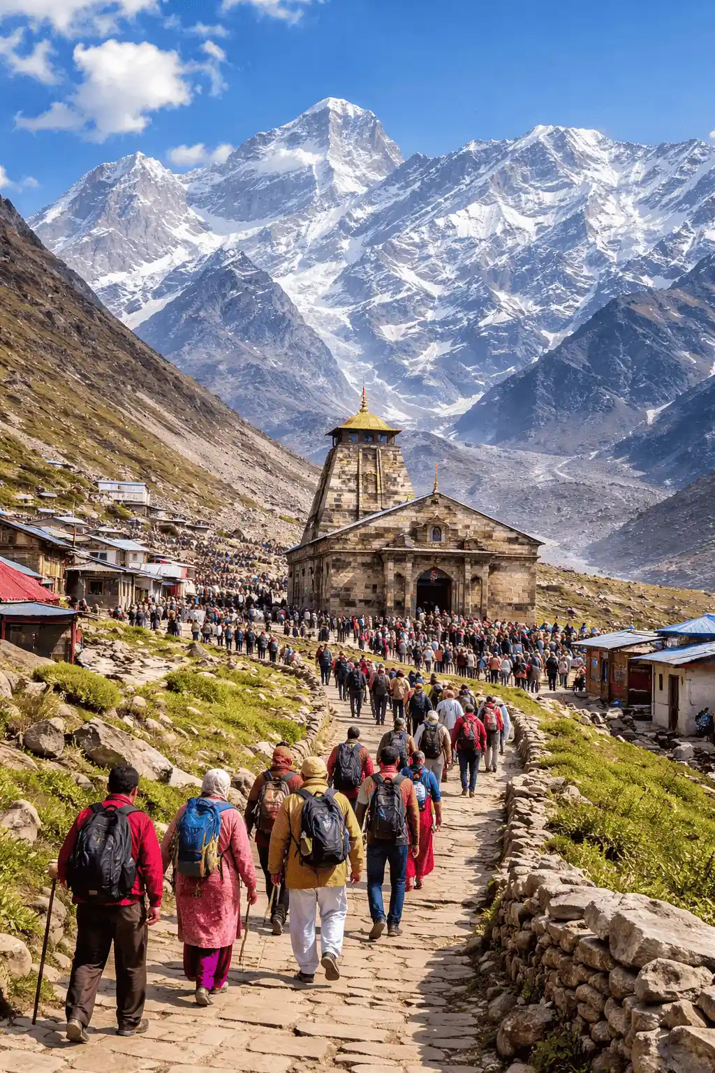 Char Dham Yatra in Uttarakhand with devotees and Himalayan mountains
